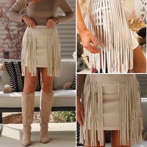 Stylish western vibe boho vibe fringe skirt beige color white sand faux leather